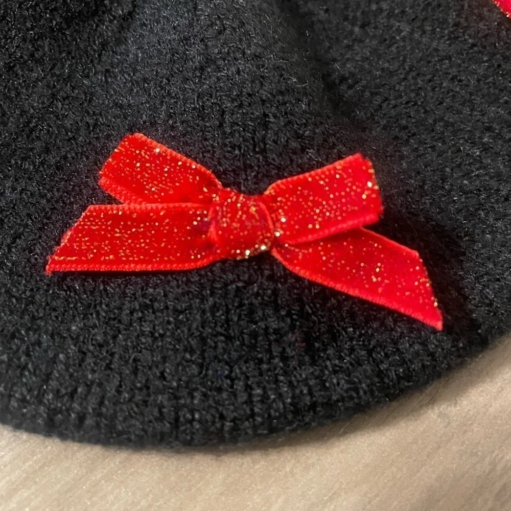 Girls back red Beret bows hat ribbon cap knit hair accessories